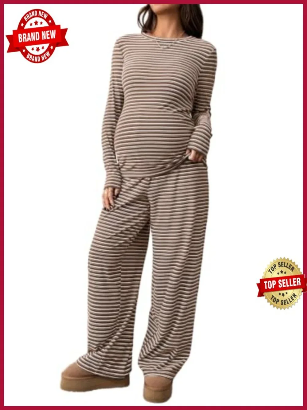 Maternity 2 Piece Lounge Set Striped Long Sleeve Pajamas with Pockets
